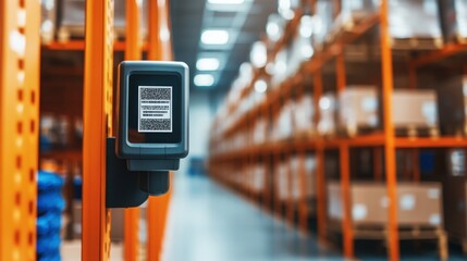 Close-up of a barcode scanner mounted in a warehouse, highlighting logistics and inventory management.