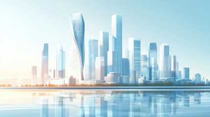 Fototapeta premium Futuristic City Skyline With Reflective Water Under Clear Blue Sky In Daylight Timeframe. Urban