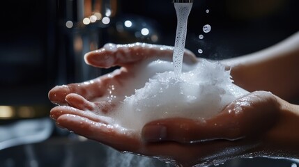 Fototapeta premium A person washing their hands with soap, a hygienic practice