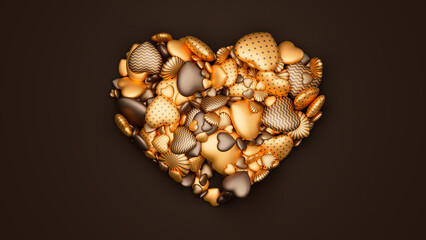 Many golden and chocolate textured hearts in form of a big heart on dark backdrop. Valentine day background. 3d render illustration