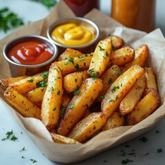 French fries isolated with sauce. Fried potatoes, chips. Fast food. Photo of French fries menu.