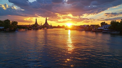 Naklejka premium Golden Sunset Over Wat Arun River Temple Scene