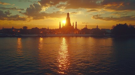 Naklejka premium Golden Sunset Silhouette Wat Arun Bangkok Temple