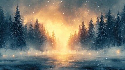 Serene winter landscape with glowing light and snow-covered trees.