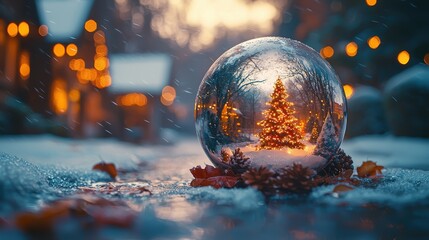 A snow globe featuring a lit Christmas tree amidst a winter landscape.