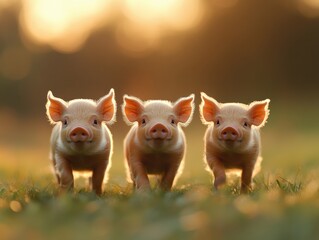 Three Cute Piglets Running in a Field at Sunset