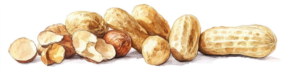 A simple still life featuring peanuts and a single peanut on a white background, ideal for illustrations or designs related to snack foods or everyday objects