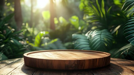 Fototapeta premium Wooden Platform surrounded by Lush Green Foilage With Warm Sunlight 