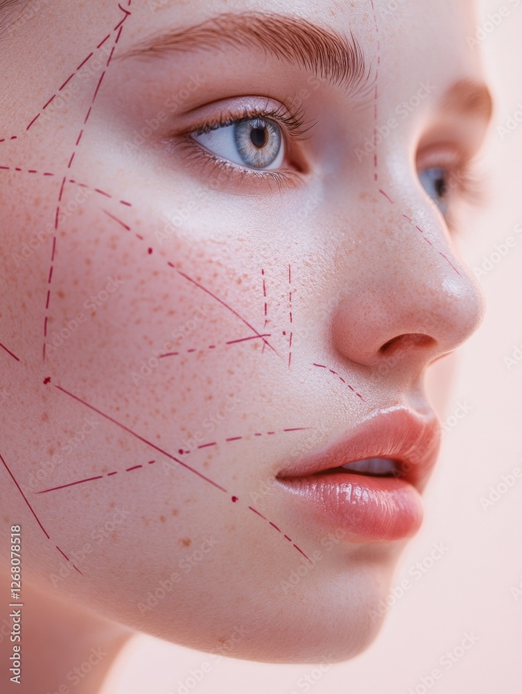 Leinwandbilder close up view of a models face with artistic line designs and natural freckles in soft lighting. gen