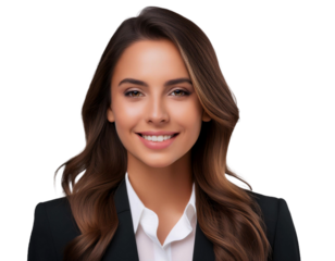 A professional headshot of a smiling young Caucasian woman in a suit, isolated against a transparent background.