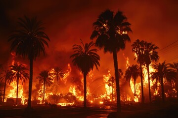Obraz premium A large fire rages through palm trees in this dramatic image