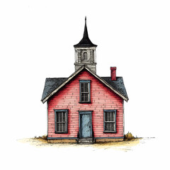 A charming old schoolhouse with a striking red exterior and a whimsical steeple, captured in a detailed illustration. Perfect for education-related themes and nostalgic designs.