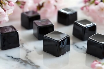 A collection of small black cubes arranged on a flat surface
