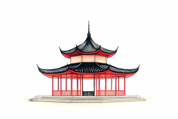 Traditional Asian pavilion showcasing elegant design with red and black features, surrounded by a serene atmosphere, ideal for cultural and architectural themes.