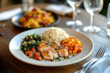 Freshly prepared dish of meat and mixed vegetables on a white plate, great for food and culinary photography