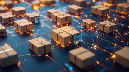 Global Delivery Network:  A digital abstract concept showcasing the intricate network of package delivery, with glowing lines connecting numerous brown cardboard boxes.