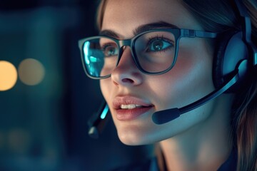 A person wearing a headset and glasses sitting or standing