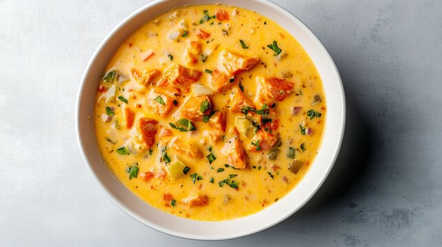 Creamy salmon chowder in a white bowl. A delicious and comforting meal.