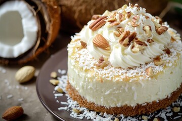 A delicious-looking cake topped with whipped cream and nuts served on a plate, perfect for a dessert or special occasion