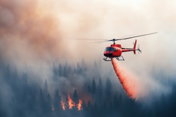 Helicopter fighting wildfire in forest