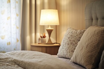 A cozy bedroom scene with a bed, pillows, and a lamp next to a window
