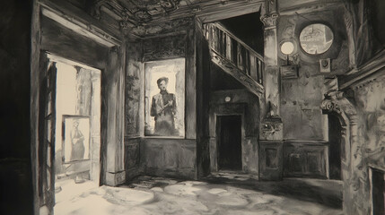 Decaying mansion hallway portrait sunlight, ghostly figure, vintage interior design, book cover illustration