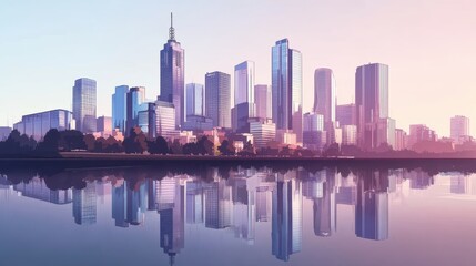 Obraz premium Urban Skyline Reflected in Still Water at Sunrise with Soft Colors and Hues of Light and Calmness