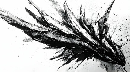 Abstract black ink explosion on white background, dynamic motion, artistic splatters, design element