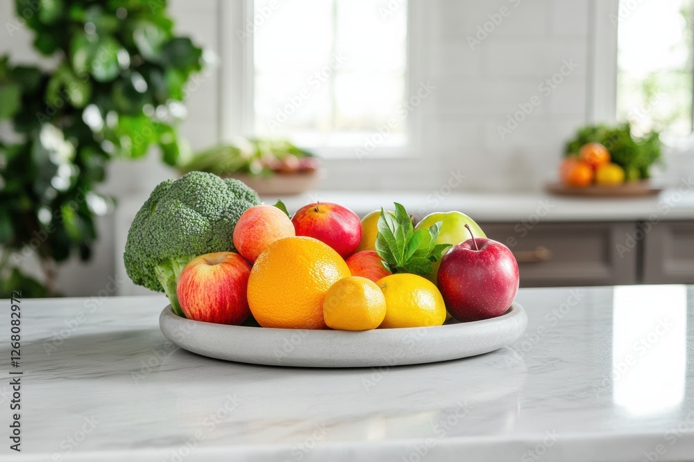 Poster assorted fresh fruits and vegetables arranged on a kitchen counter during daylight hours. generative