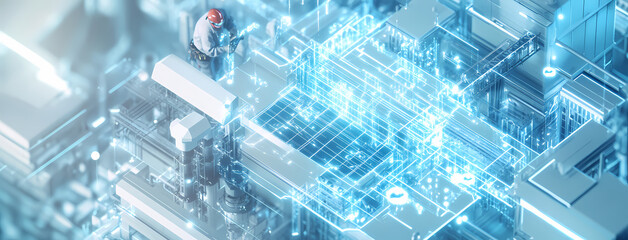 Obraz premium Digital Architect: A lone figure oversees a complex, glowing network of data streams and digital architecture, symbolizing the intricate world of technological innovation and control.