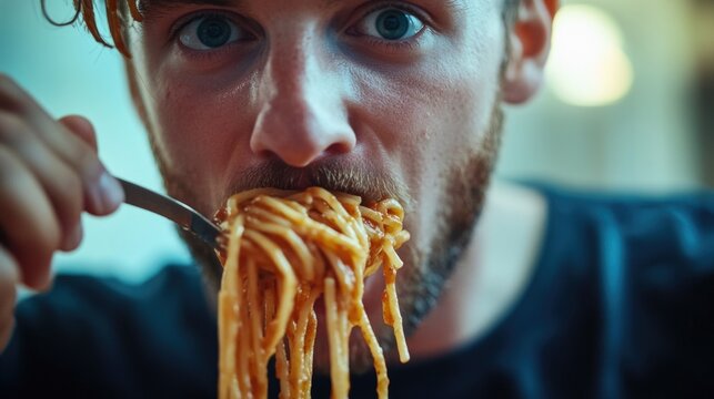 A person enjoying a plate of spaghetti with a fork