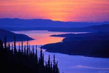 A serene lake scene at sunset with surrounding mountains in the background