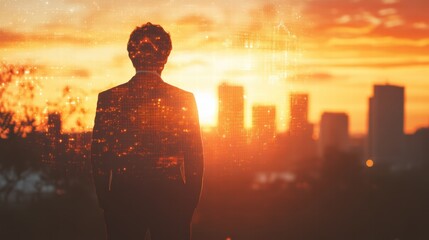 Silhouette Businessman Cityscape Sunset Urban Professional Success Future Vision Digital Overlay Orange Golden Hour Corporate Achievement Ambition    