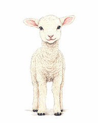 Fototapeta premium This adorable young lamb stands confidently, showcasing its fluffy white wool and playful demeanor. A perfect representation of innocence and nature's charm for various uses.