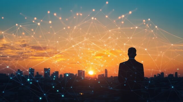 Silhouette Businessman Global Network Sunset Cityscape Digital Art Modern Technology Innovation Future Businessman Visionary Leader Strategic Planning