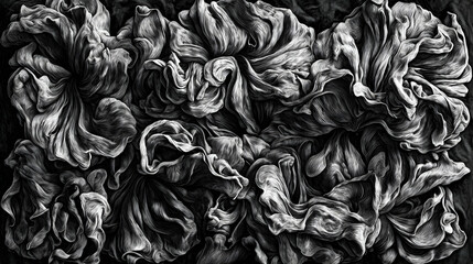 Monochrome flower abstract, swirling petals, dark background, artistic texture, design element