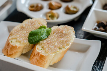 Set of baked snails and snail caviar with bread. Gourmet food