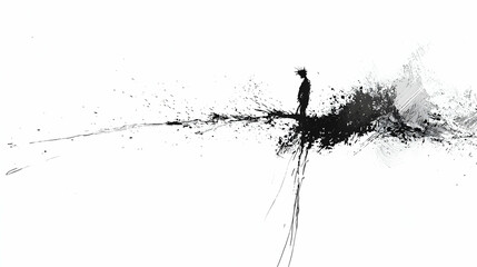 Solitary figure amidst chaotic ink splatter landscape; existential crisis concept art