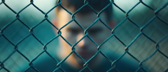 Fototapeta premium man Behind a Wire Fence