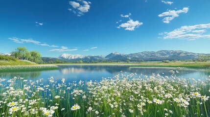 Serene Mountain Lake With Blooming Daisies Meadow
