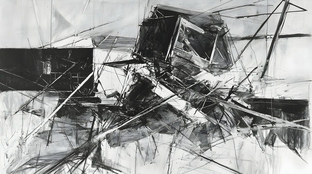 Abstract grayscale cityscape chaos; urban decay amidst industrial structures; background suggests demolition or reconstruction; suitable for design, art, and architecture