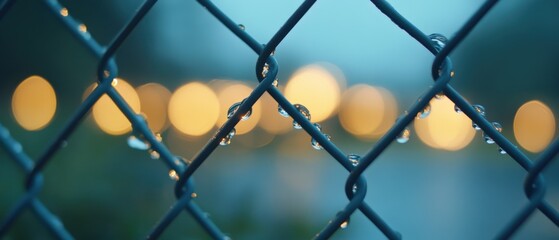 Fototapeta premium Raindrops on a Chain-link Fence with Bokeh Lights