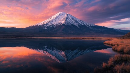 Fototapeta premium A serene landscape with a mountain reflected in a calm lake during sunset
