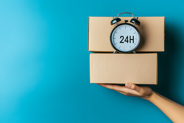 24 Hour Delivery:  A hand gently holds two stacked cardboard boxes, topped with an alarm clock displaying "24H," symbolizing speed and efficiency in shipping and delivery services.
