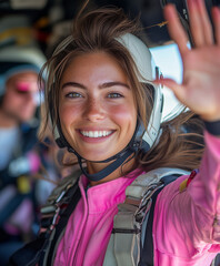 Smiling skydiver in pink jumpsuit prepares for an exhilarating jump from a plane at a high altitude