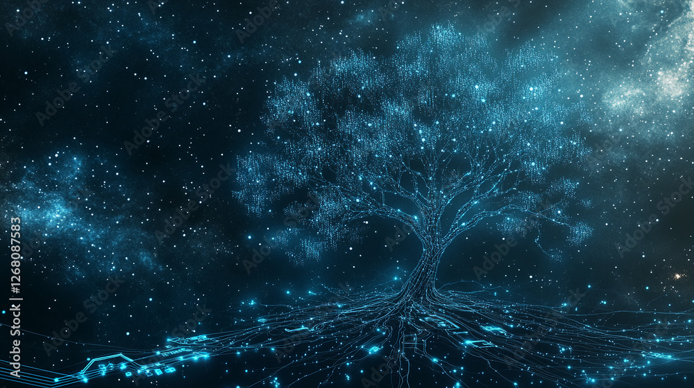 Poster digital tree growing in the stars, with glowing roots and branches made of data, representing techno