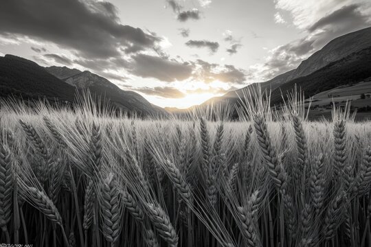 Fototapeta A black and white photo of a field of wheat