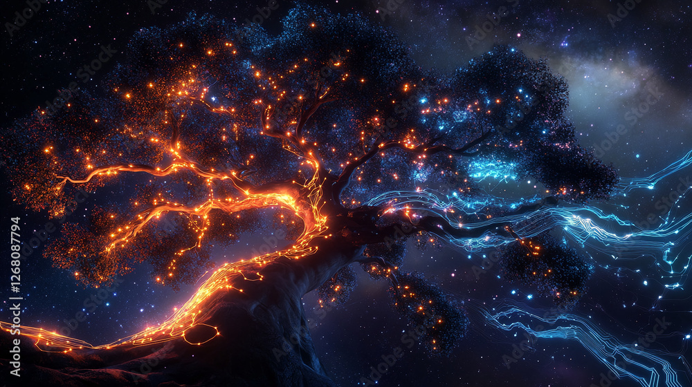 Poster a glowing tree with orange and blue light trails for branches and roots, set against a starry cosmic