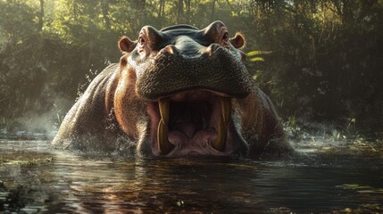 Fototapeta premium Aggressive hippopotamus emerging from murky water, mouth open, showing large teeth.