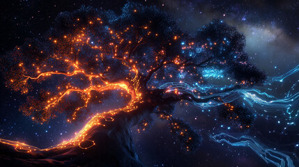 Fototapeta premium A glowing tree with orange and blue light trails for branches and roots, set against a starry cosmic background, symbolizing the fusion of nature and technology.
